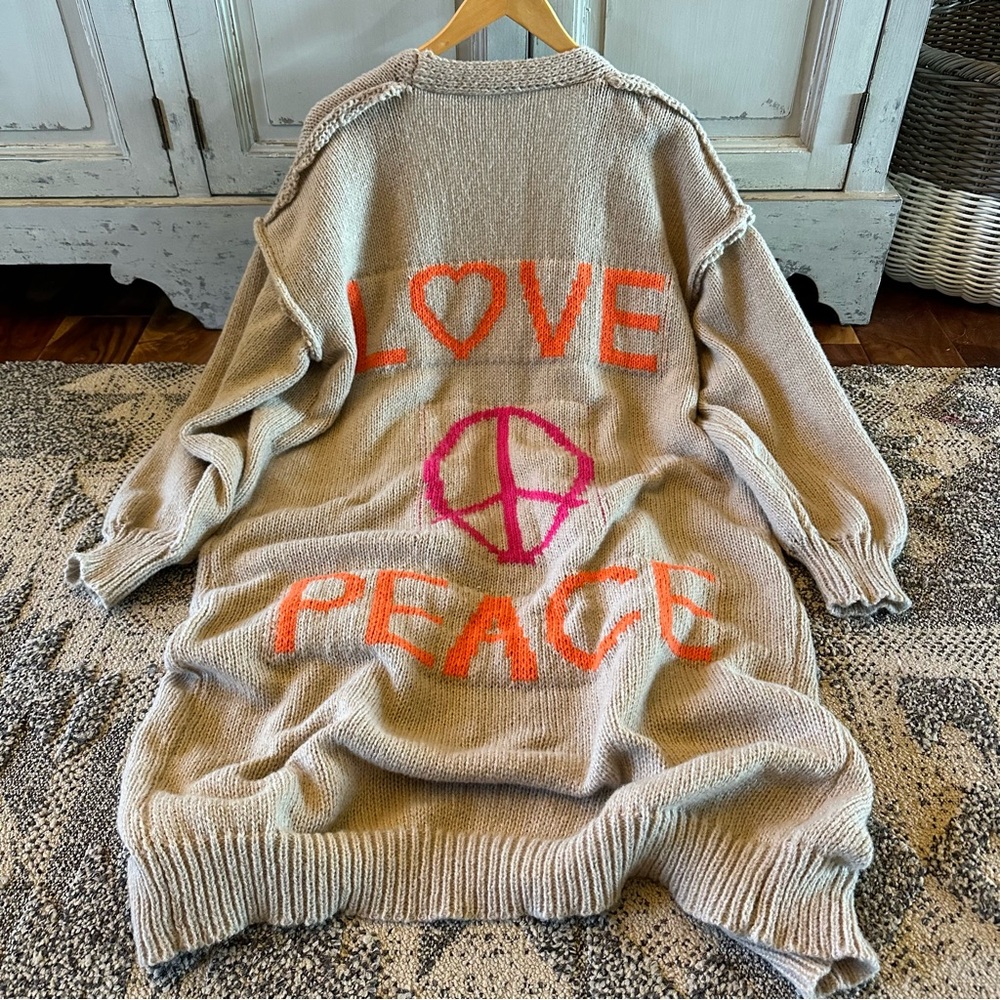 New Oversized Long Peace & Love Sweater Jacket Duster Chunky Knit - Oatmeal - Picture 8 of 10